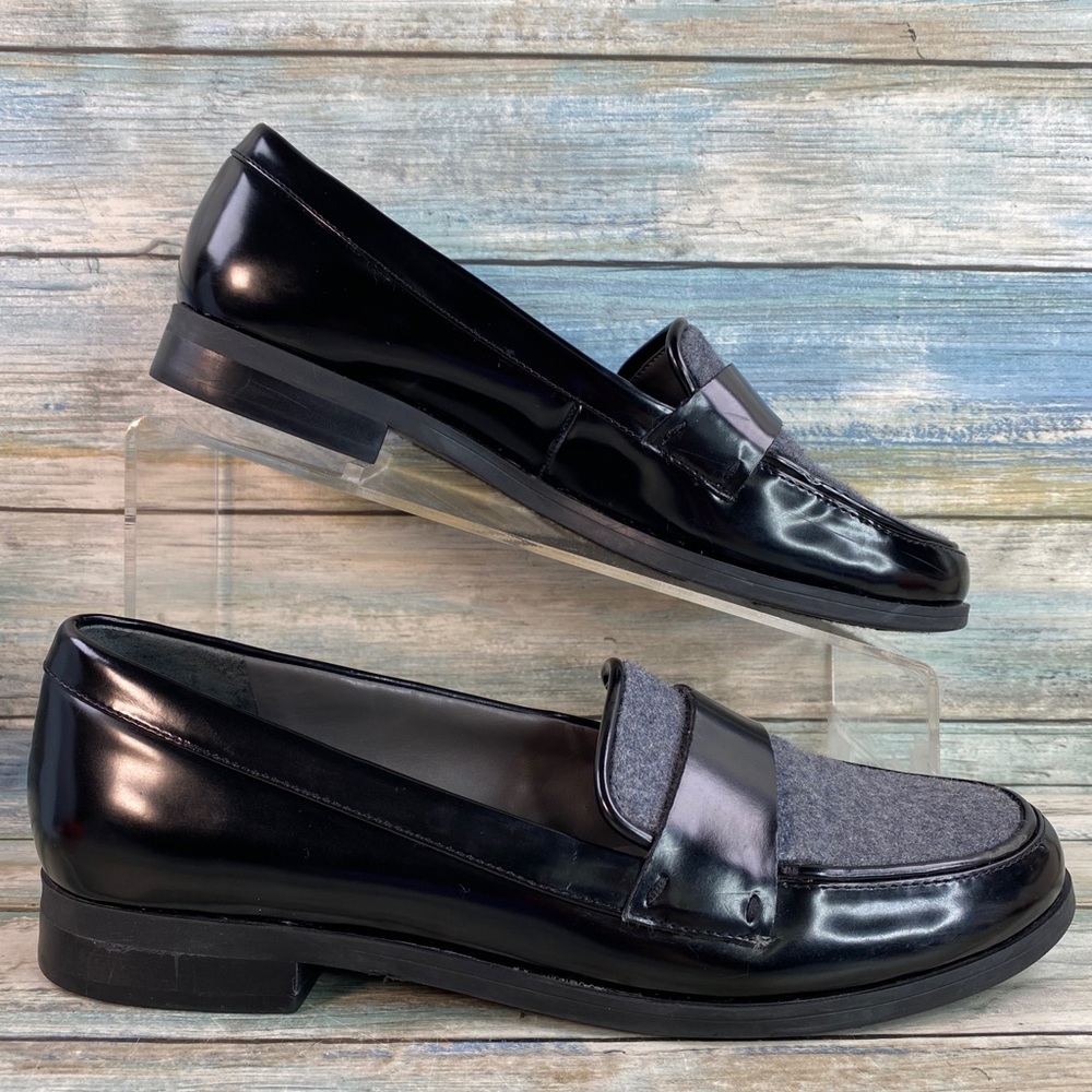 Franco Sarto Black Faux Patent Leather Loafers.